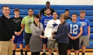 Front L-R … Nathan Krohn (PEA), Stephanie Patsalis (California Casualty), Lynn Ubben (Superintendent) Back L-R … PHS Football Players … Hunter Brobst, Edgar Revolorio, Tony Le, Michael Pentico, Gil  Garcia, J .R. McCord, Alonzo Zarate, Bryce Bucklew