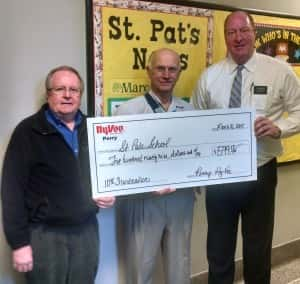 Hy-Vee Event Coordinator Larry Vodenik, St. Patrick's School Principal Doug Latham, Hy-Vee Store Director Darin Schoop