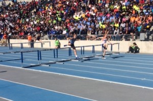 Panorama shuttle hurdle relay with Kemble clearing the hurdle