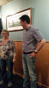 Guthrie County Republican Chairperson Myrna Beeber introduces Wisconsin Governor Scott Walker at Guthrie Center's Prime Time restaurant Thursday. 