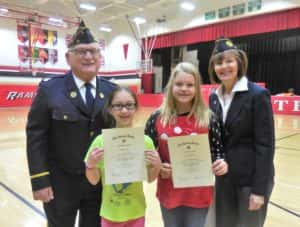 (L-R): Am Leg Commander Jim Andrew, 2nd place Alyssa Gerdes, 1st place Addison Walker and Am Leg Rep. Barb Labate