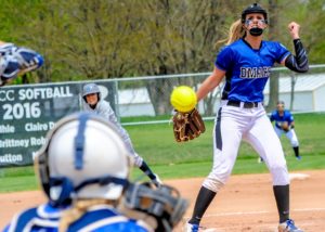 ADM grad Molly Jacobsen fires a pitch towards the plate during Sunday's 8-0 game against Southeast Community College of Nebraska. Photo courtesy of DMACC College Athletics.