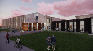 Preliminary image of the north entrance to the new high school from OPN Architects