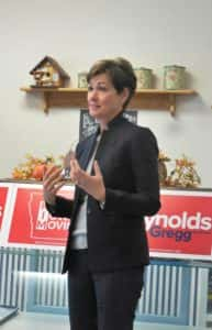 Governor Reynolds speaking a Dunkers by Matt event in Jefferson