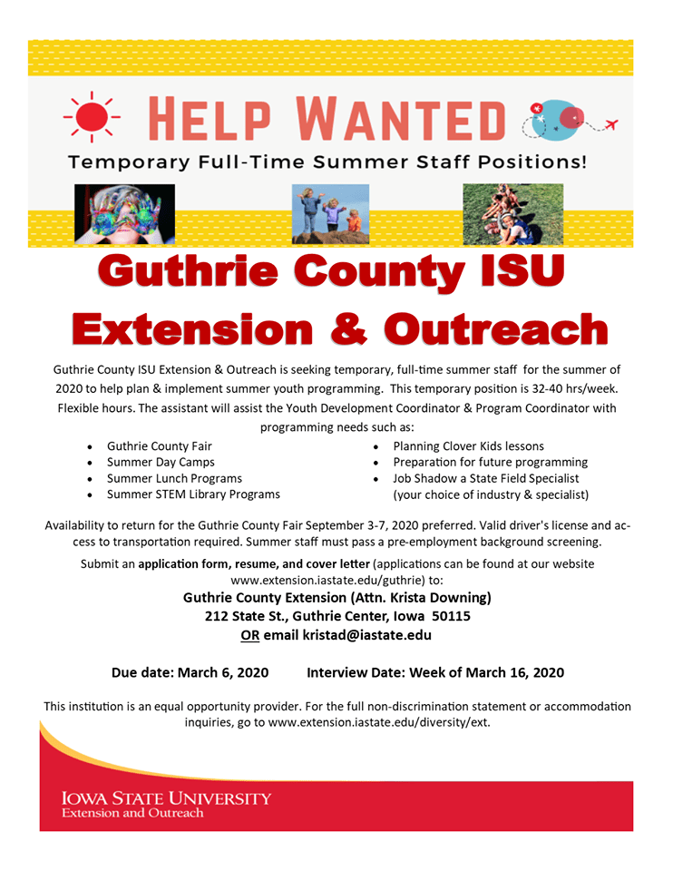 Guthrie County Extension Looking for Summer Assistants Raccoon Valley
