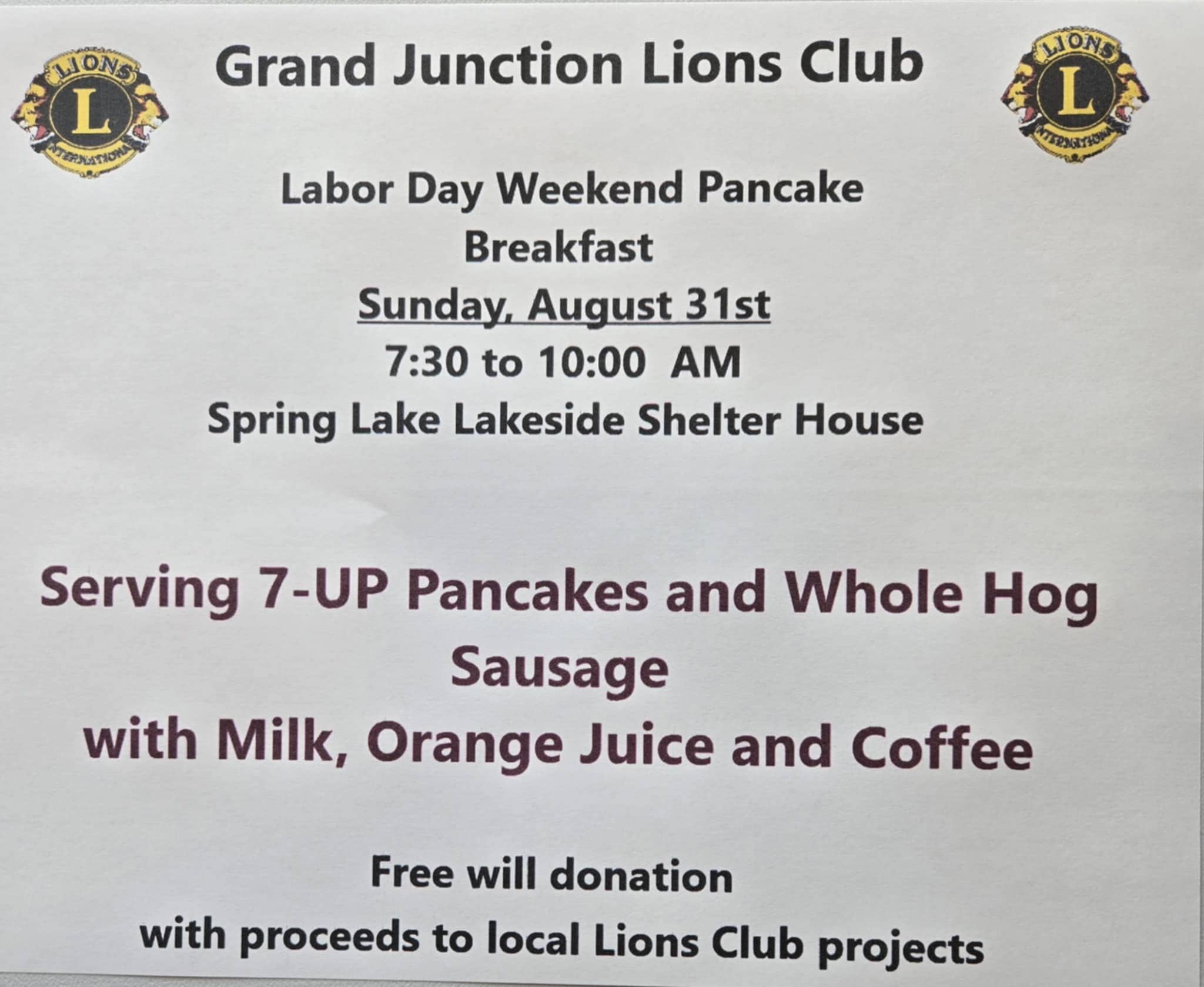 Grand Junction Lions Club Labor Day Weekend Pancake Breakfast