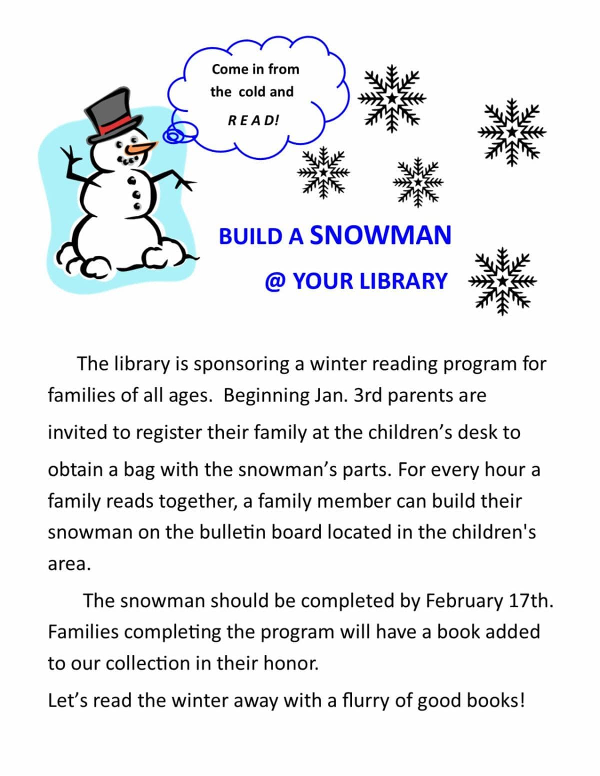 Participate in The Washington Public Library's Build a Snowman