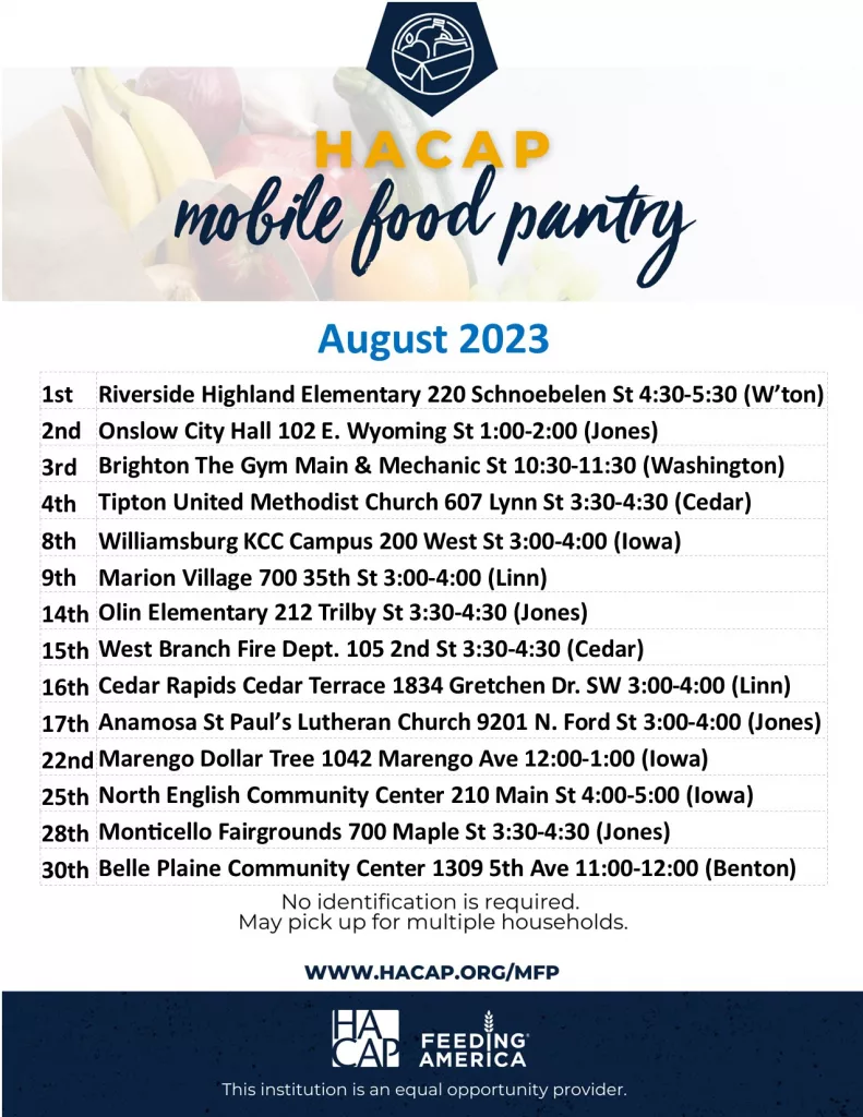 August HACAP Mobile Food Pantry Schedule KCII Radio The One to Count On