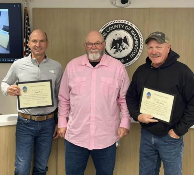 Don Moeller – County Road Department Richard Young – Board of Supervisors Chair Rob Johnson – County Road Department Moeller and Johnson both recognized for 25 years of service to Washington County
