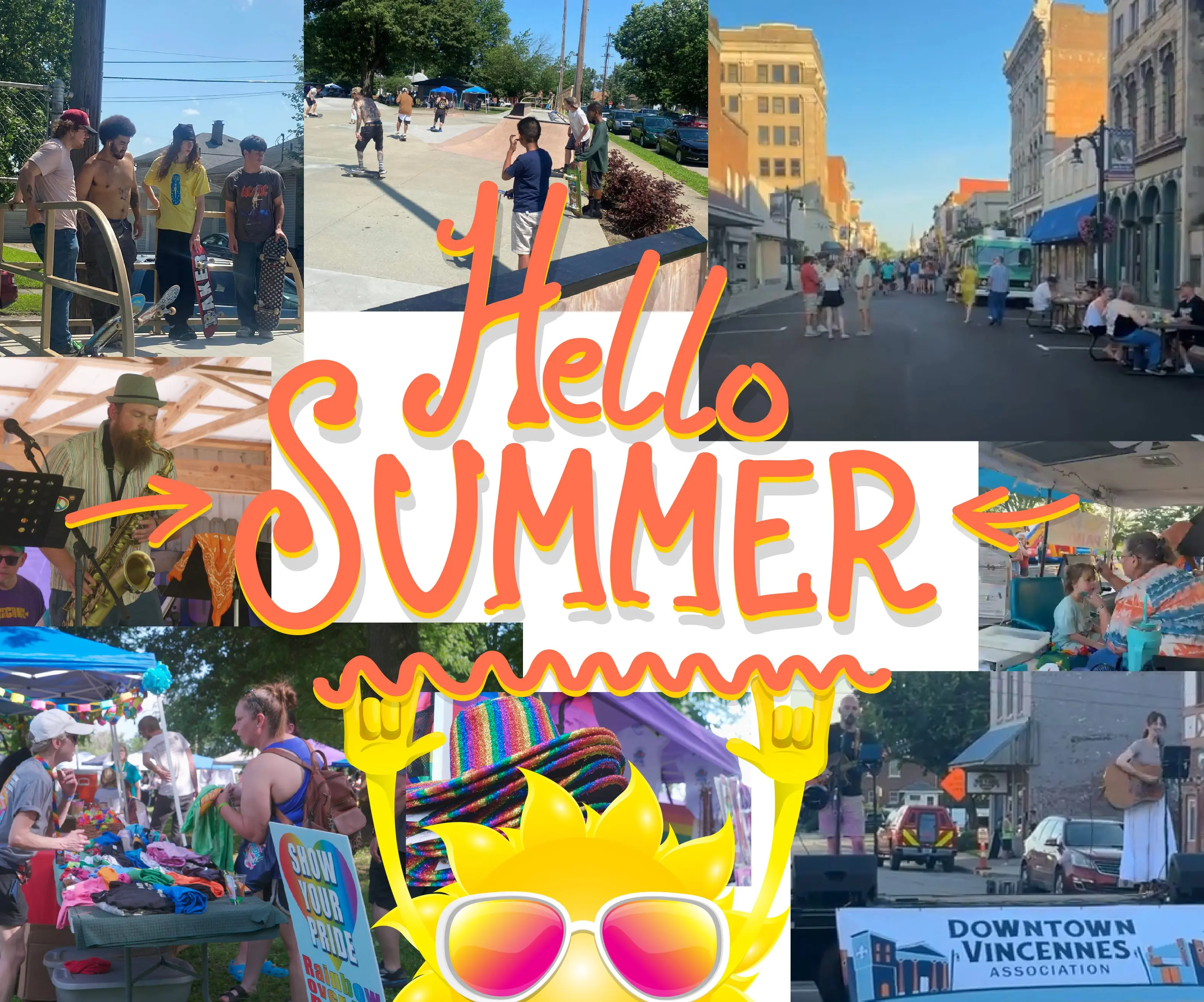 photo collage of first day of summer events in and around downtown Vincennes Indiana