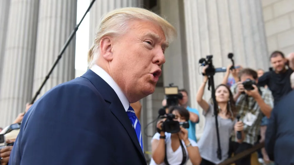 Republican presidential nomination front runner Donald Trump at 60 Centre Street; Manhattan's supreme court. NEW YORK CITY - AUGUST 17 2015