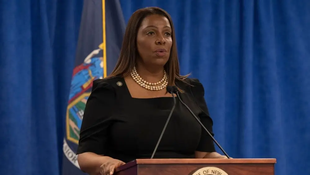 New York State Attorney General Letitia James delivers remarks on landmark victory in civil fraud trial against Donald Trump and the Trump Organization at 28 Liberty Street in New York on Feb 16^ 2024