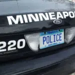 Back end of a Minneapolis Police car parked in Minneapolis. Minneapolis^ MN/USA-March 12^ 2014