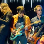 Rivers Cuomo^ Scott Shriner^ and Brian Bell of Weezer perform at the 2017 Forecastle Music Festival on July 16^ 2017 in Louisville^ Kentucky.