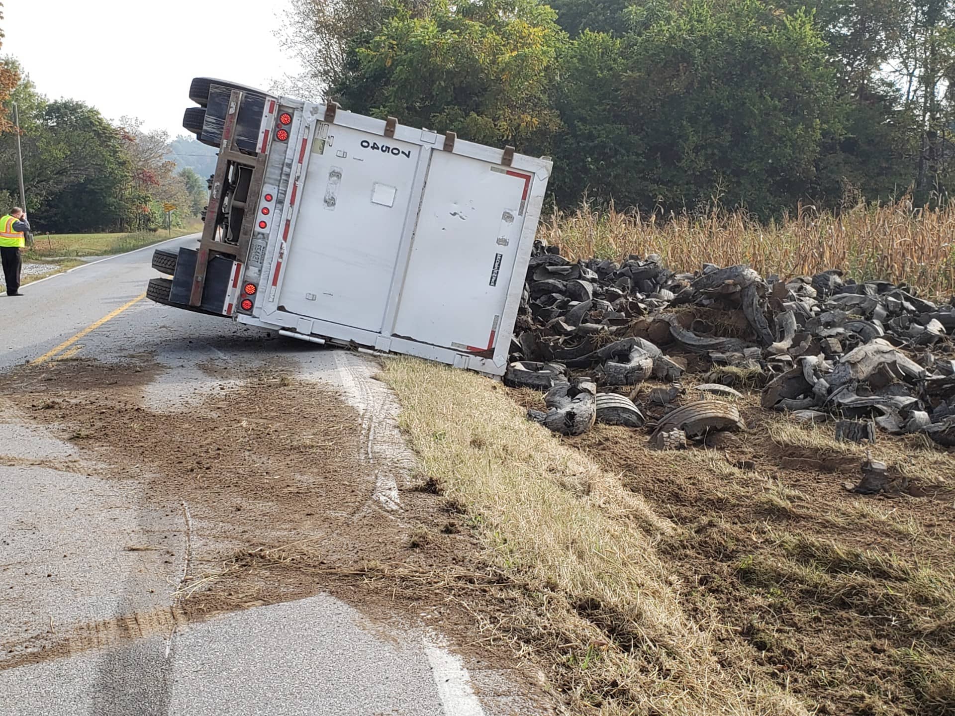 Overturned Tractor Trailer Dumps Tire Scraps on Highway 91 North Friday