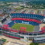 Aerial drone image of Nissan Stadium^ home of Tennessee Titans. NASHVILLE^ TENNESSEE^ USA - AUGUST 1^ 2018