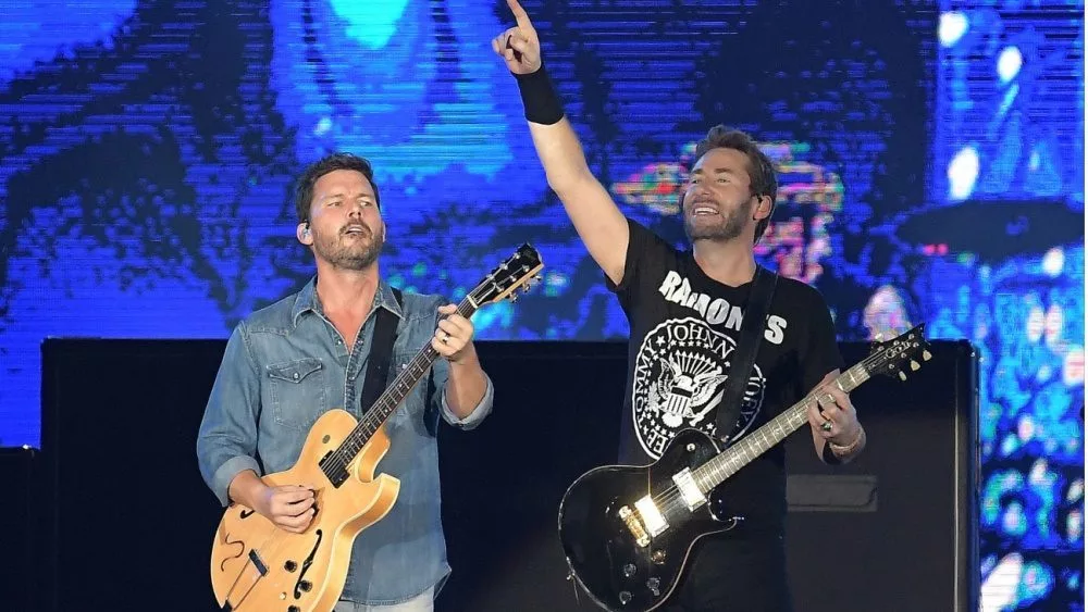 Guitarists Chad Kroeger and Ryan Peake of Canadian rock band Nickelback during a concert at Rock in Rio 2019 in Rio de Janeiro. October 6^ 2019.