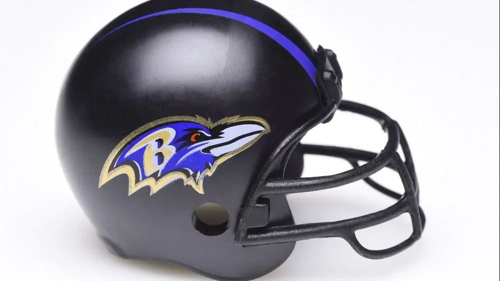 Mini Collectable Football Helmet for the Baltimore Ravens of the American Football Conference North.IRVINE^ CALIFORNIA - AUGUST 30^ 2018: