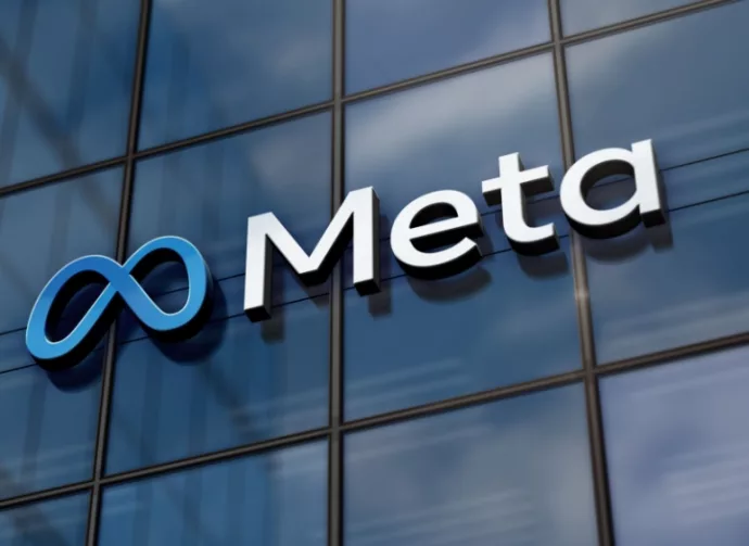 Meta corporation headquarters glass building concept. Metaverse facebook virtual reality network company symbol on front facade 3d illustration. Menlo Park^ USA^ May 5^ 2023