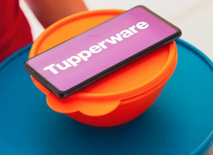 In this photo illustration^ a person carries various plastic products (containers) and a smartphone shows the Tupperware logo