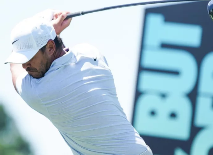 Jon Rahm waits on the 3rd tee during the second round of LIV Golf Miami on April 6^ 2024 at Trump National Doral.