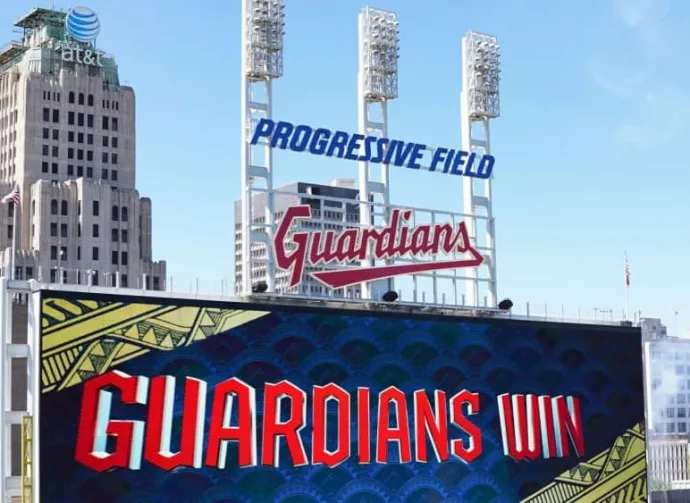 Scoreboard in the outfield at Progressive Field shows the Cleveland Guardians. Cleveland^ OH - June 30^ 2022