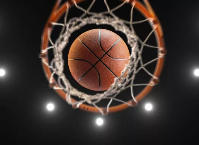 3d rendering basketball on hoop and lighting from roof stadium
