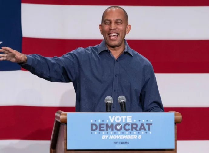 Representative Hakeem Jeffries speaks during election campaign rally for Governor Kathy Hochul at BKLYN Studios in New York on November 5^ 2022.