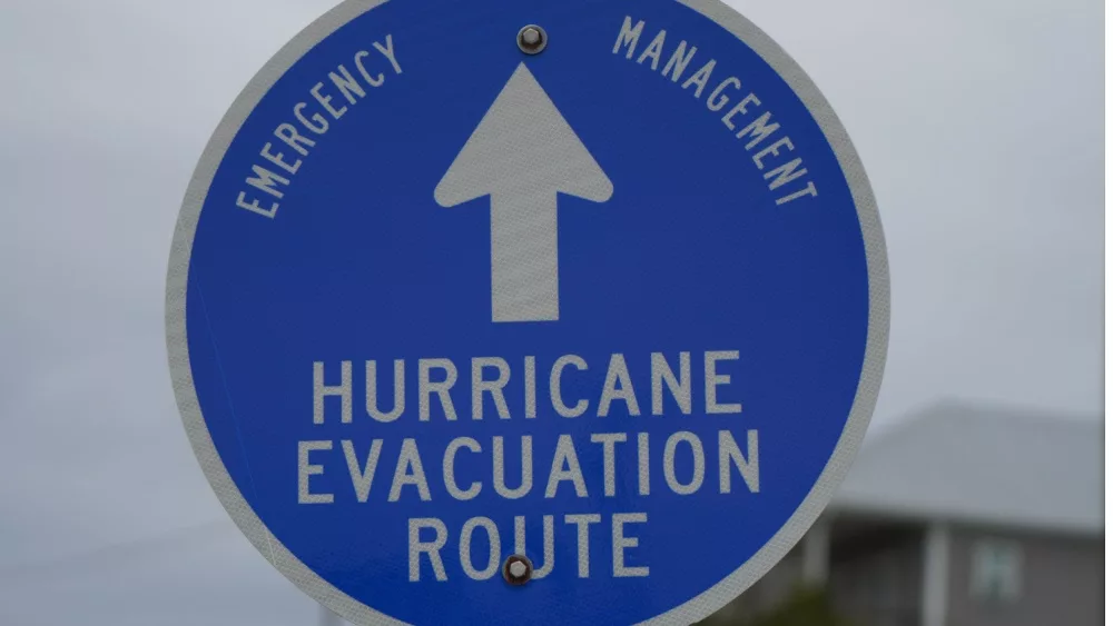 Topsail Beach^ North Carolina USA-August 31^ 2023. Hurricane Evacuation Route sign on HWY 50 in Topsail Beach NC