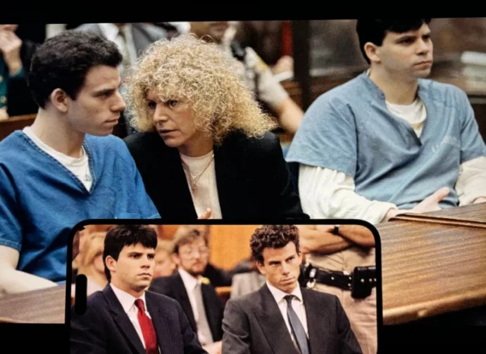 photo collage of Erik and Lyle Menendez with their attorney. the brothers are serving life sentences without parole for the 1989 shotgun slayings of their parents^ José and Mary Louise “Kitty” Menendez.