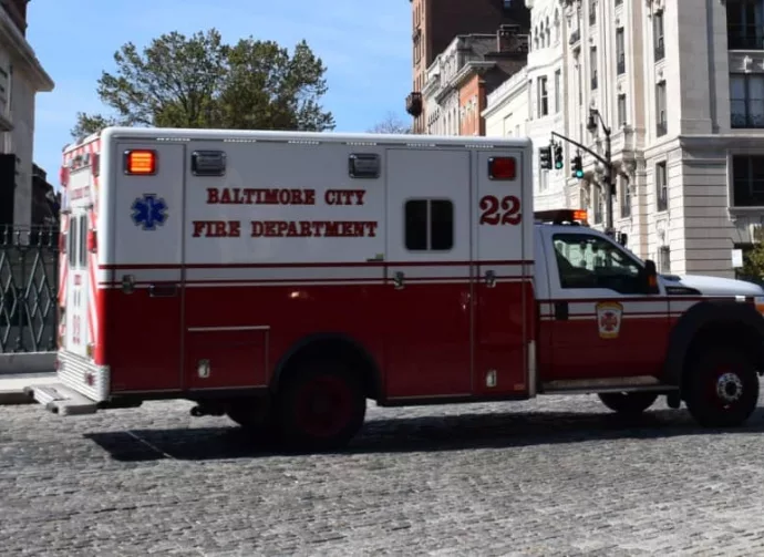 Baltimore City Fire Department ambulance driving through Mount Vernon