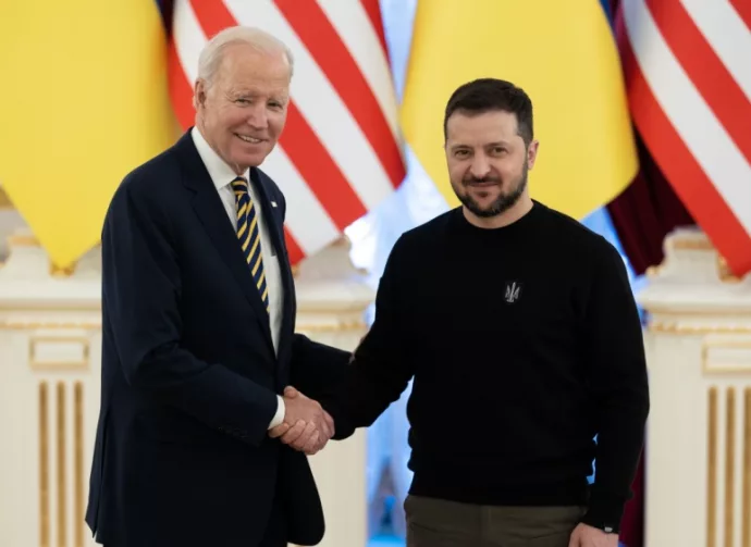 President Joe Biden and Ukraine's President Volodymyr Zelenskiy attend a joint news briefing^ amid Russia's attack on Ukraine. Kyiv^ Ukraine February 20^ 2023.