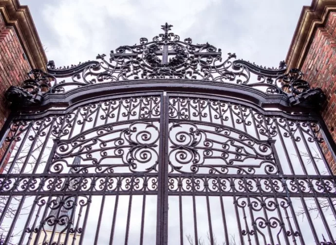 Harvard University iron gate in Cambridge^ Massachusetts^ USA.