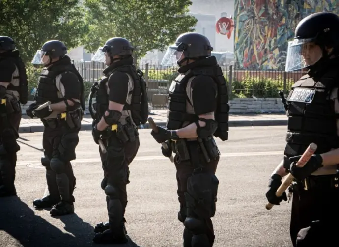 Minneapolis^ Minnesota / USA - May 29 2020: close up state patrol police officers standing guard towards minneapolis riots for George Floyd