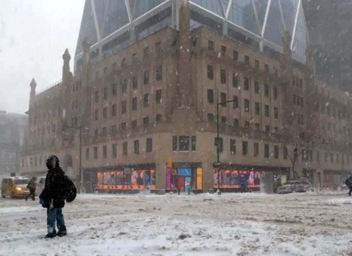 New York^ NY USA - February 1^ 2021: Snow storm on East Coast^ New York City. Manhattan During Nor'easter Blizzard