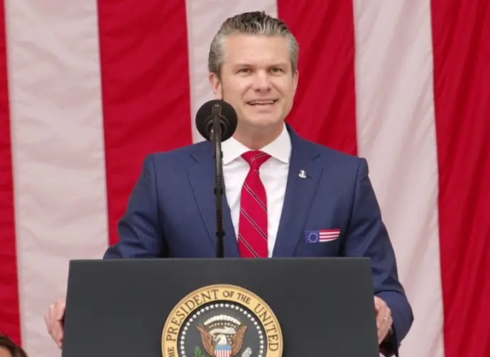 U.S. Secretary of Defense Peter Hegseth speaks at the National Memorial Day Observance at Arlington National Cemetery. ARLINGTON^ VA^ USA - May 26^ 2025