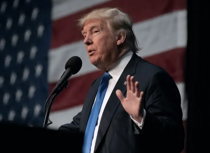 Pres. Donald Trump speaking to his supporters at the “Make America Great Again” rally in the Sioux City Iowa convention center SIOUX CITY^ IOWA^ USA - NOVEMBER 6^ 2016