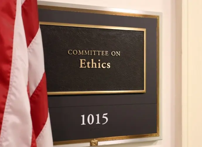 A sign at the entrance to a House Ethics Committee hearing room in Washington^ DC on July 18^ 2017. The House of Representatives is the lower chamber of the US Congress.