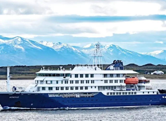 MV Hondius^ a purpose-built^ environmentally-friendly expedition cruise ship^ departs from the port of Ushuaia. Ushuaia^ Argentina - January 4 2025
