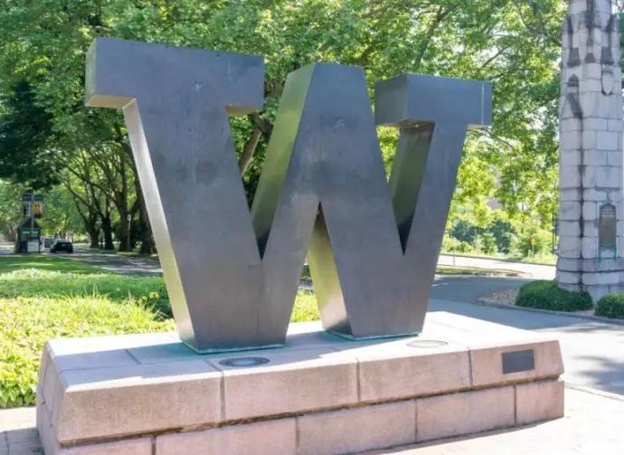 ‘W’ logo at University of Washington in Seattle^ WA^ USA - June 15^ 2023. The University of Washington is a public research university located in Seattle.