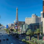 Las Vegas Strip as seen at sunset on May 7^ 2024 in Las Vegas^ Nevada. The Strip is home to the largest hotels and casinos in the world.