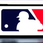 Selective focus of the MLB logo. It is the premier professional baseball league in North America^ featuring top players and teams:
