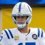 Indianapolis Colts quarterback Daniel Jones #17 warms up prior to an NFL football game against the Los Angeles Chargers at SoFi Stadium^ Oct. 19^ 2025^ in Inglewood^ Calif.
