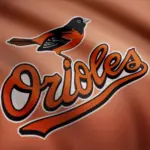 WAVING flag with Baltimore Orioles professional team logo. Close-up of waving flag with Baltimore Orioles MLB baseball team logo^ seamless loop.