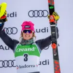 Paula MOLTZAN of USA on the podium during the trophy ceremony in Audi FIS Alpine Ski World Cup 2024 Slalom Discipline Women's on February 10^ 2024 in Soldeu^ Andor