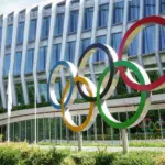 Headquarters International Olympic Committee. Olympic rings. Lausanne^ Switzerland - June 2022