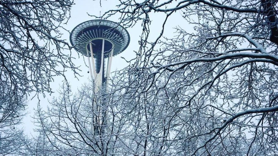 Seattle's Space Needle surrounded by snow-covered trees