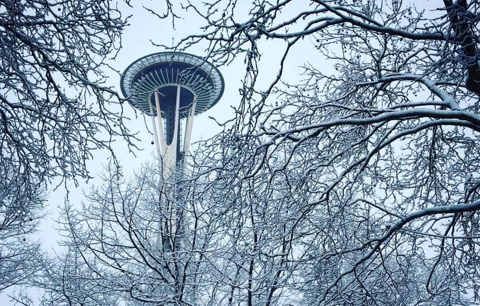 Seattle's Space Needle surrounded by snow-covered trees