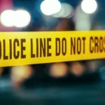 Yellow Tape Showing Text "Police Line Do Not Cross" Restricting a Crime Scene Area At Night. Close Up Aesthetic Shot with Bokeh Effect and Flickering Lights.