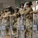 California National Guard soldiers protect a federal building during ICE deportation protests in Downtown LA. Los Angeles^ California^ USA - June 10^ 2025